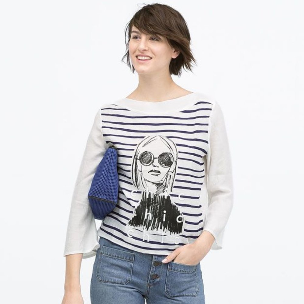Zara White Doll & Text T-shirt Small